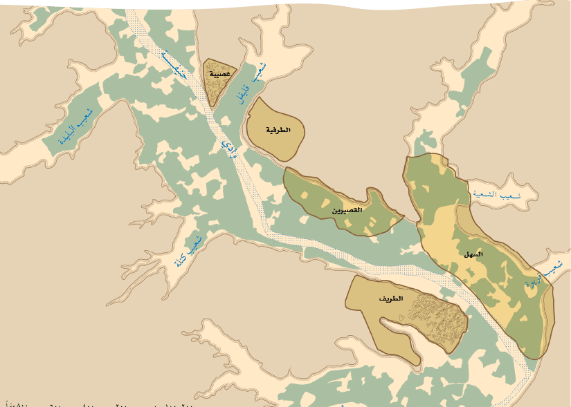 خريطة وادي الدرعية والطريف وغصيبة والشعيب